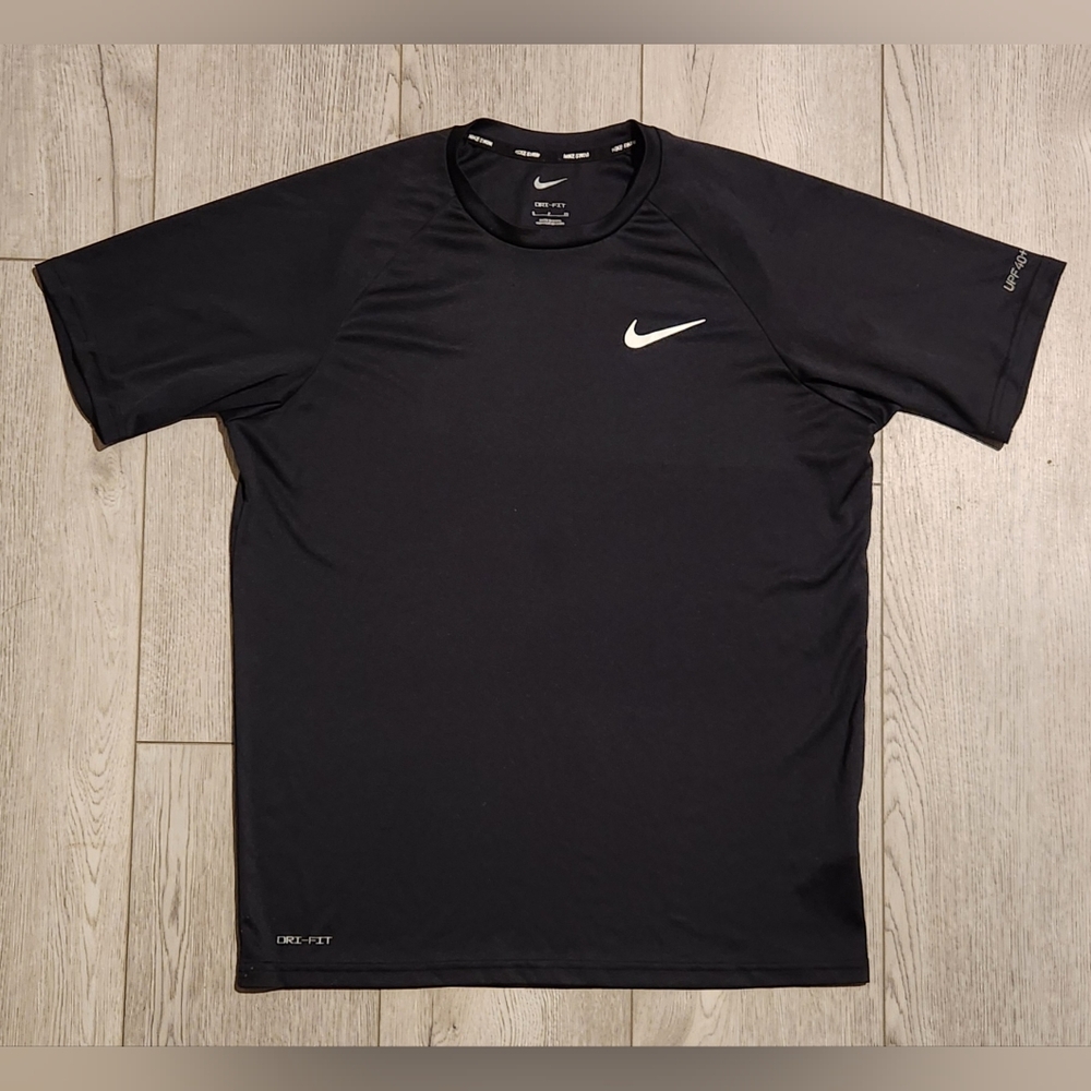 Nike Swim Black Dri-fit Shirt Mens Size Small UPF 40+ White Swoosh